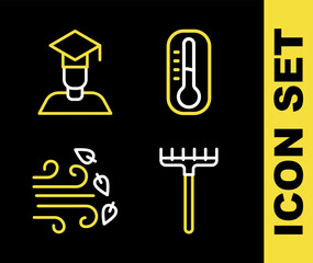Set line Thermometer, Garden rake, Windy weather and Graduate and graduation cap icon. Vector