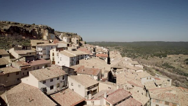 Ascending drone fly by over the old Village of Monroyo in Matarranya Region, Teruel Province, Spain