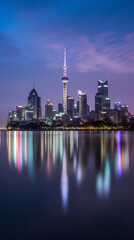 Obraz premium city skyline in the evening with reflection in water