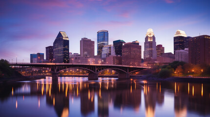 Obraz premium city skyline in the evening with reflection in water