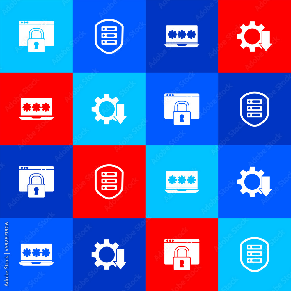 Poster set secure your site with https, ssl, server shield, laptop password and cost reduction icon. vector
