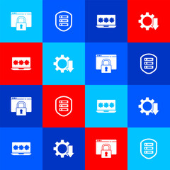 Set Secure your site with HTTPS, SSL, Server shield, Laptop password and Cost reduction icon. Vector