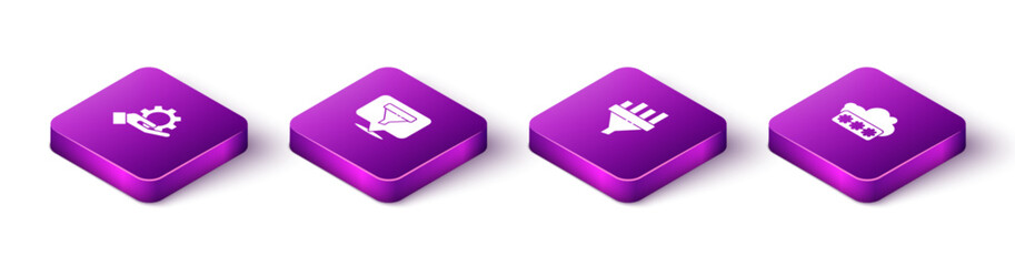 Set Isometric Hand settings gear, Location with sales funnel, Sales chart and Password protection icon. Vector