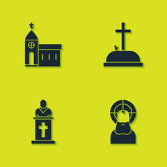 Set Church building, Jesus Christ, pastor preaching and Tombstone with cross icon. Vector