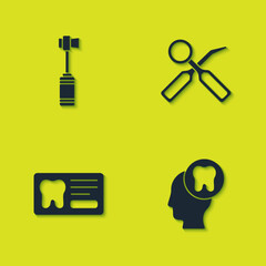 Set Toothbrush, Human head with tooth, Dental card and inspection mirror icon. Vector