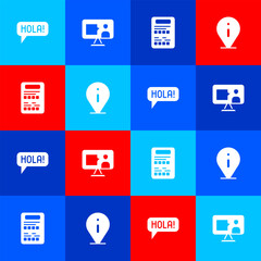 Set Hola in different languages, Foreign online study, Exam sheet and Information icon. Vector © vector_v
