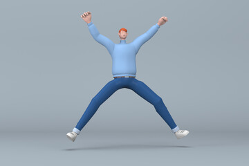 Men in casual clothes are jumping. 3D rendering of cartoon characters