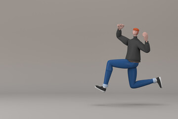 Men in casual clothes are jumping. 3D rendering of cartoon characters