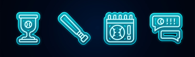 Set line Award cup with baseball ball, Baseball bat, Calendar game and Speech bubble chat. Glowing neon icon. Vector