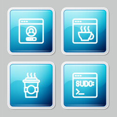 Set line Create account screen, Software, Coffee cup to go and Code terminal icon. Vector