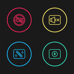Set line Photo retouching, Record button, Speaker mute and Prohibition no video recording icon. Vector
