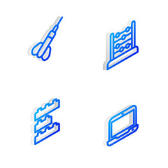 Set Isometric line Abacus, Dart arrow, Toy building block bricks and Laptop icon. Vector