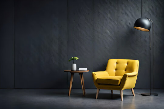 Living room with a beautiful and stylish yellow armchair in front of a dark grey empty wall | Interior design of a modern living room | Generative Ai