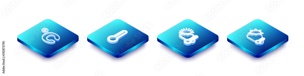 Sticker Set Isometric line Celsius, Meteorology thermometer, Thermometer and cloud, sun and icon. Vector