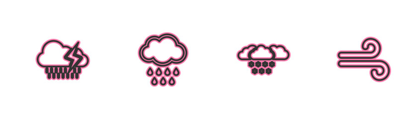 Set line Cloud with rain and lightning, snow, and Wind icon. Vector