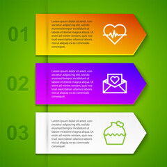 Set line Heart rate, Envelope with Valentine heart, Wedding cake and Chocolate bar. Business infographic template. Vector