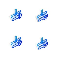 Set Isometric line Add to Shopping basket, and euro, Remove shopping and with check mark icon. Vector