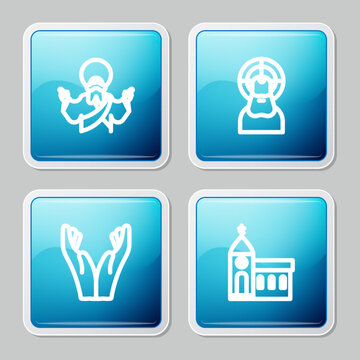 Set line Jesus Christ, , Hands in praying position and Church building icon. Vector