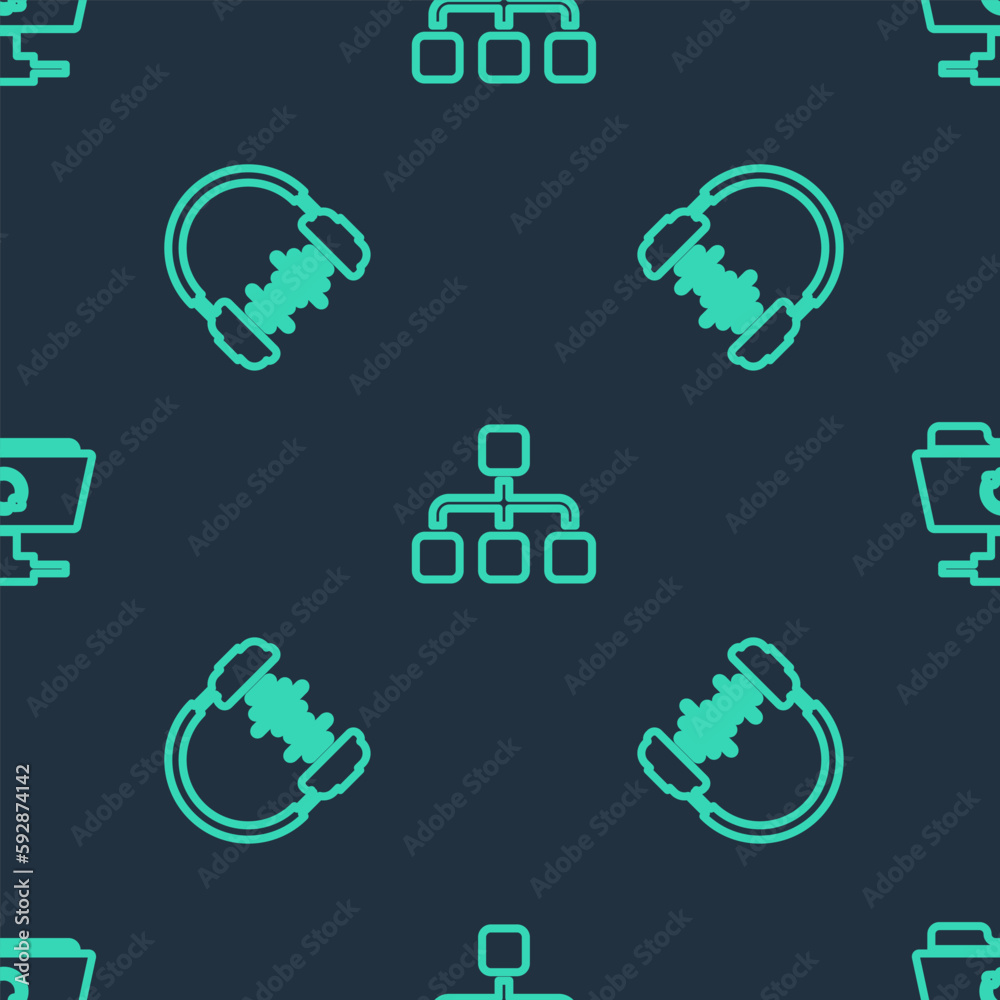 Poster set line hierarchy organogram chart, headphone and sound waves and ftp sync refresh on seamless patt