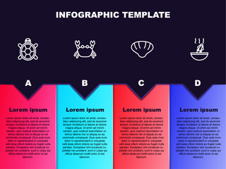 Set line Turtle, Crab, Scallop sea shell and Soup with octopus. Business infographic template. Vector