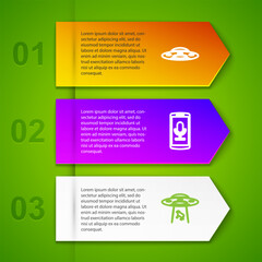 Set line UFO flying spaceship, Mobile recording, abducts cow and Hammer. Business infographic template. Vector