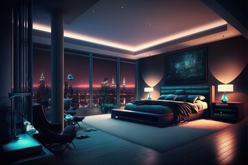 Luxurious bedroom. Realism, colorful, penthouse, designer renovation. Illustration. AI