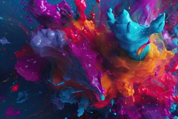 Neon blue, pink and purple multicolored smoke puff cloud splashing, design elements on a dark background - generative ai	