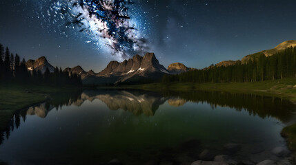 Majestic mountains under starlit sky mirrored in still water