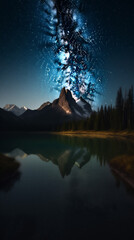 Majestic mountains under starlit sky mirrored in still water