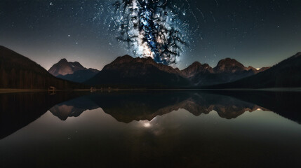 Majestic mountains under starlit sky mirrored in still water