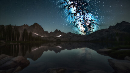 Majestic mountains under starlit sky mirrored in still water