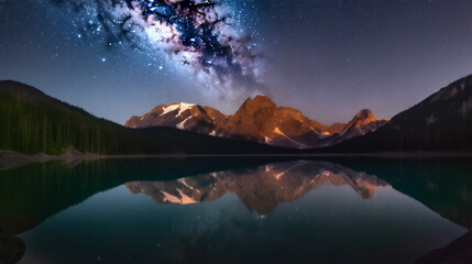 Majestic mountains under starlit sky mirrored in still water
