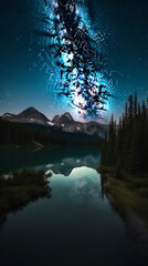 Majestic mountains under starlit sky mirrored in still water