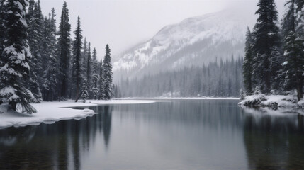 snow covered mountains and frozen lake with forest