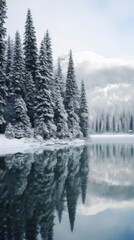 snow covered mountains and frozen lake with forest