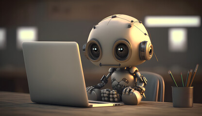cute retro robot as AI chatbot typing on a computer - generative AI	