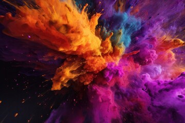 Fototapeta na wymiar Colorful wallpaper with splashes and smoke puff cloud design elements on a dark background - generative ai