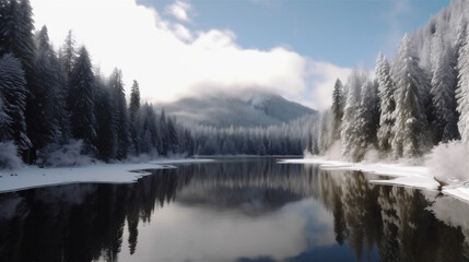 Fototapeta na wymiar snow covered mountains and frozen lake with forest