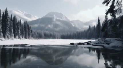 snow covered mountains and frozen lake with forest