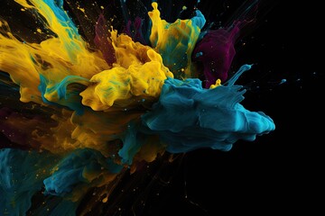 Colorful wallpaper with splashes and smoke puff cloud design elements on a dark background - generative ai