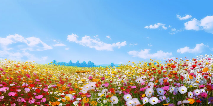 panorama of meadows fields with flowers in summer under a sky. Generative AI illustration