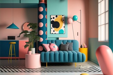 Memphis style room. Realism, colorful, living room, composition. Illustration. AI