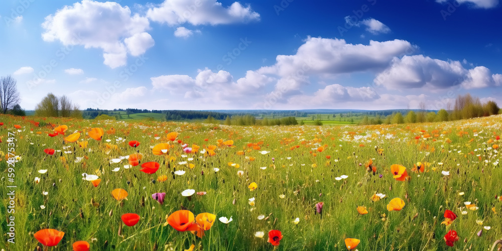 Canvas Prints panorama of meadows fields with flowers in summer under a sky. generative ai illustration
