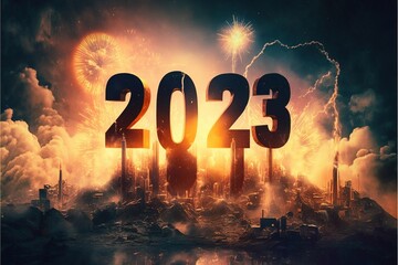 New Year 2023. Stylized, orange, bright illustration, holiday. AI