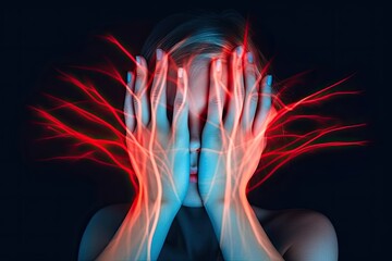 Female dream abstract illustration, nightmare, neon lights, hands covering face - generative ai