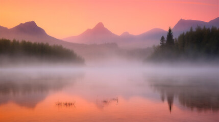 sunrise over the misty lake