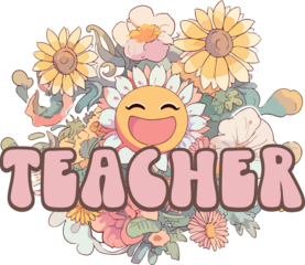 Retro floral teacher sublimation groovy teacher,Flower smile png,Sublimation design.
