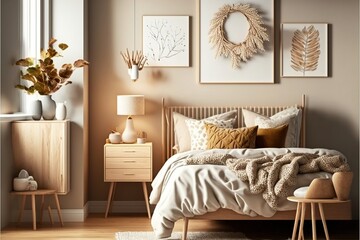 Bedroom in Scandinavian style. Realism, white, interior. illustration. AI