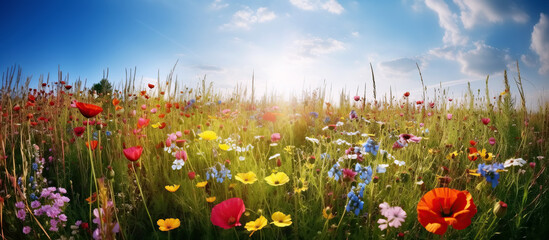 Fototapeta na wymiar panorama of spring meadows fields with blooming flowers in summer under blue sky. Generative AI illustration