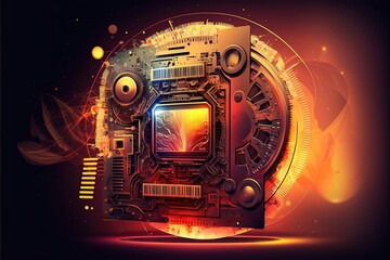 motherboard. Stylized, orange, innovation, technology, futuristic. Illustration. AI